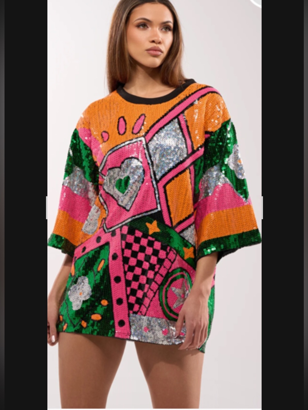 AKIRA Orange Pink Green Sequin Graphic Long Sleeve Top